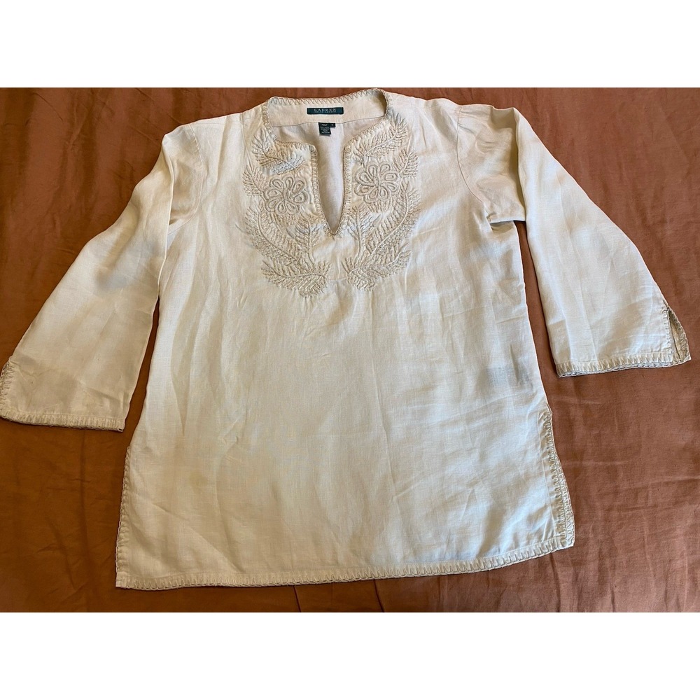 LRL Ralph Lauren Blouse Top Embroidered Linen Medium Tunic Shirt Travel sku4B